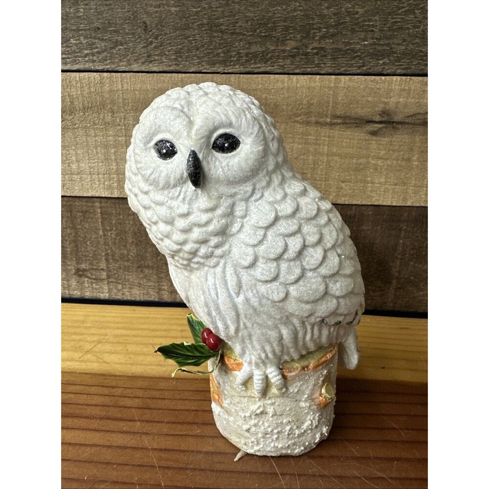 Sparkly Snow Owl On Stump 7” Tall